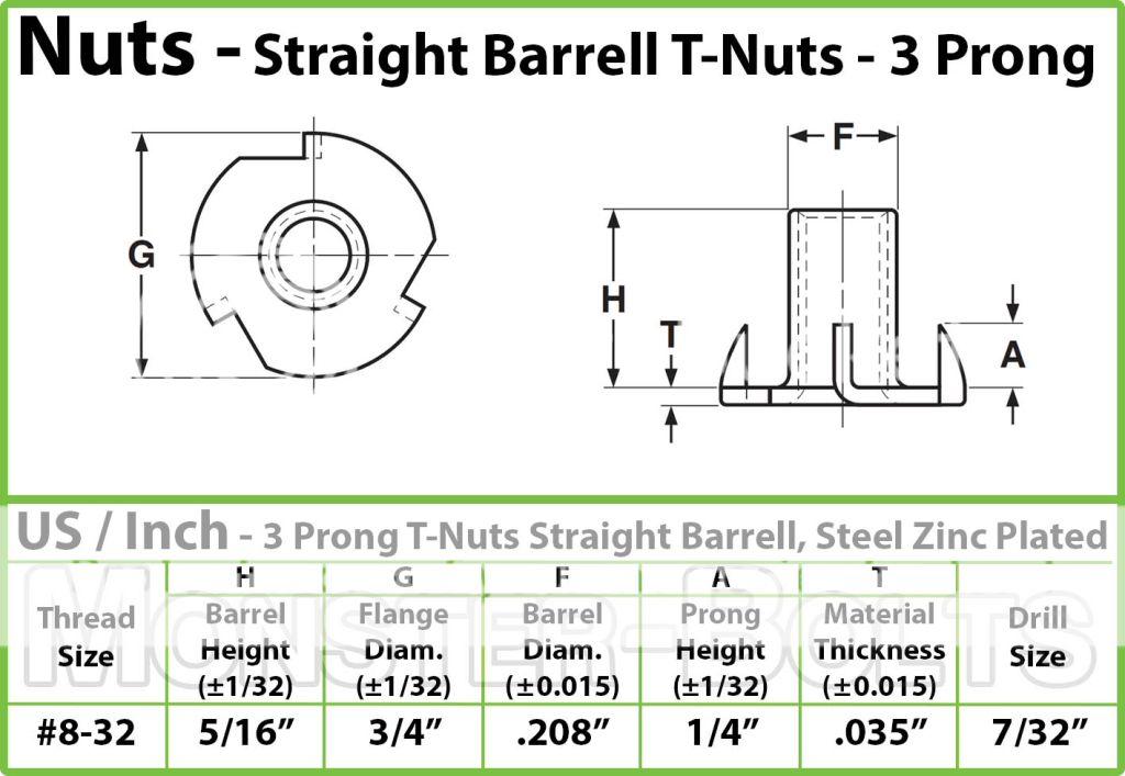 832 x 5/16" Qty 10 3 Prong Tee Nut Straight Barrel Zinc Plated